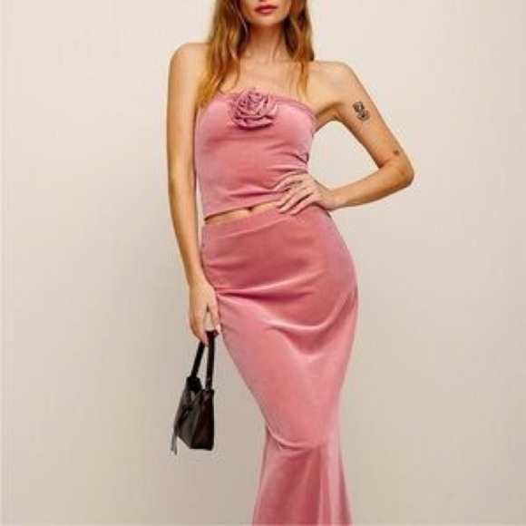 Reformation Adalynn Two Piece Light Pink Velvet Skirt Set Medium - Picture 1 of 5